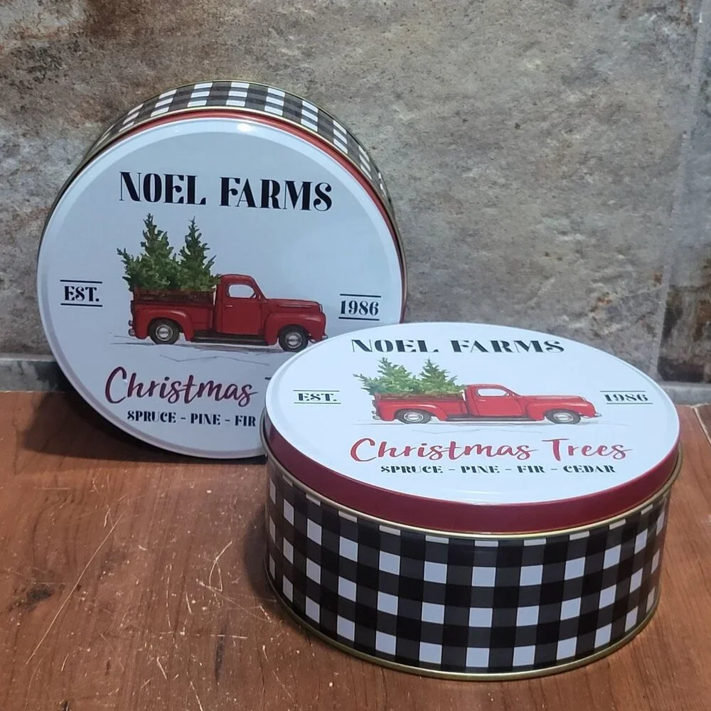 Two Noel Farms Round Christmas Cookie Candy Tins with Lids